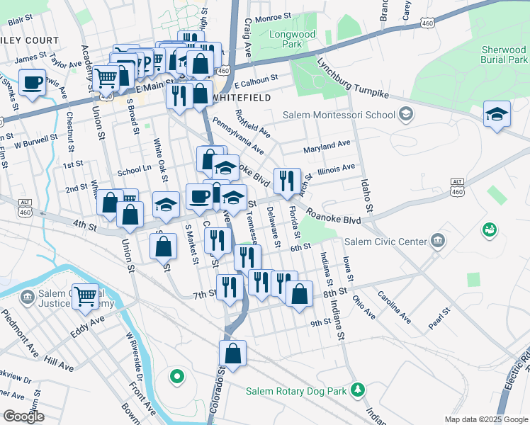 map of restaurants, bars, coffee shops, grocery stores, and more near 600 Delaware Street in Salem