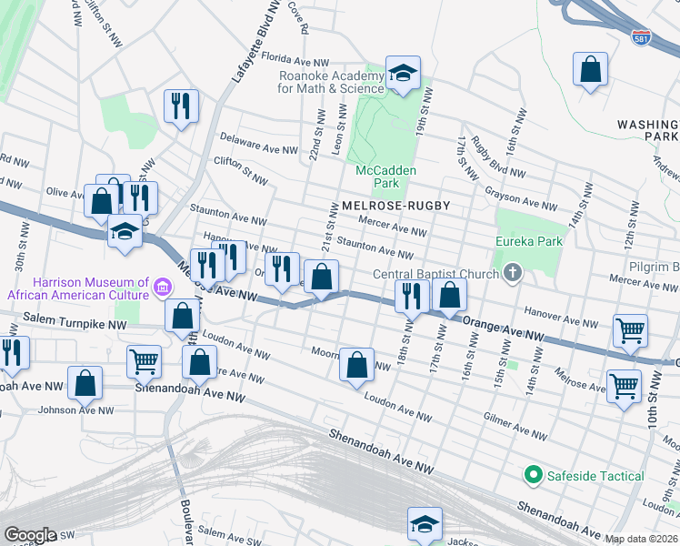 map of restaurants, bars, coffee shops, grocery stores, and more near 2016 Hanover Ave NW in Roanoke