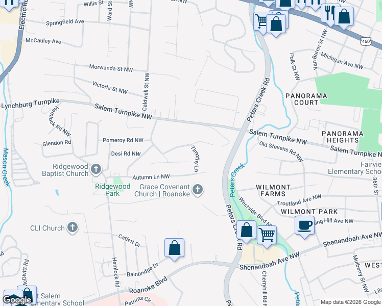 map of restaurants, bars, coffee shops, grocery stores, and more near 334 Timothy Lane in Roanoke