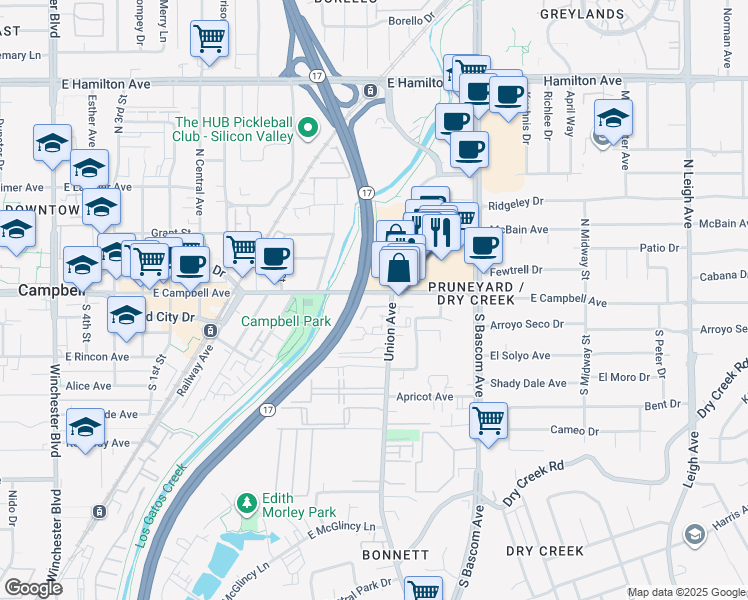 map of restaurants, bars, coffee shops, grocery stores, and more near 760 East Campbell Avenue in Campbell