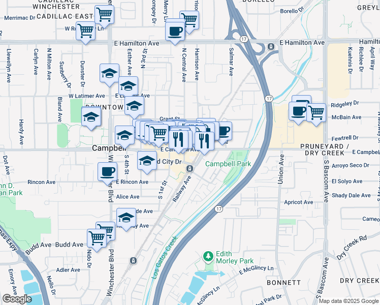 map of restaurants, bars, coffee shops, grocery stores, and more near 428 East Campbell Avenue in Campbell