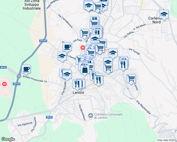 map of restaurants, bars, coffee shops, grocery stores, and more near 127 Via Murganzio in Lentini