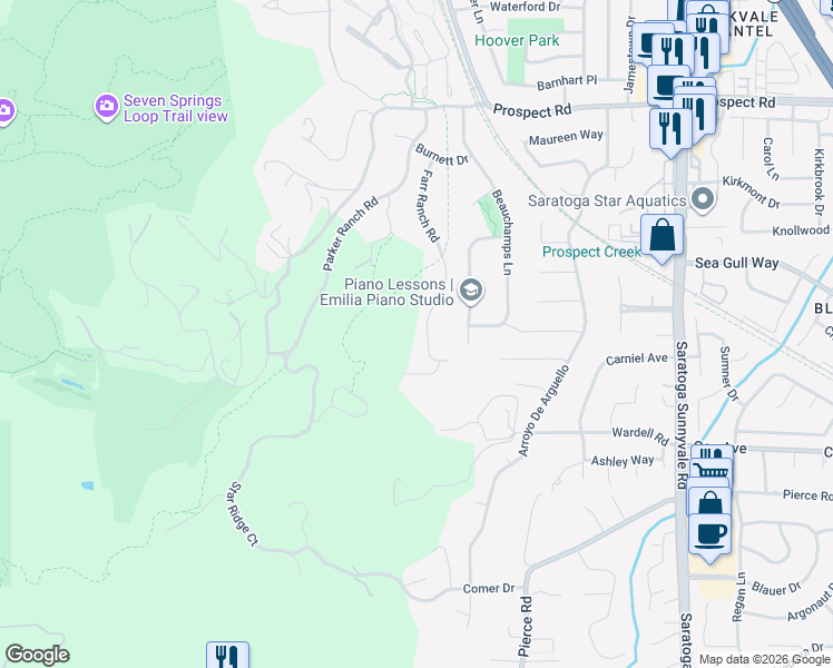 map of restaurants, bars, coffee shops, grocery stores, and more near 12359 Farr Ranch Road in Saratoga