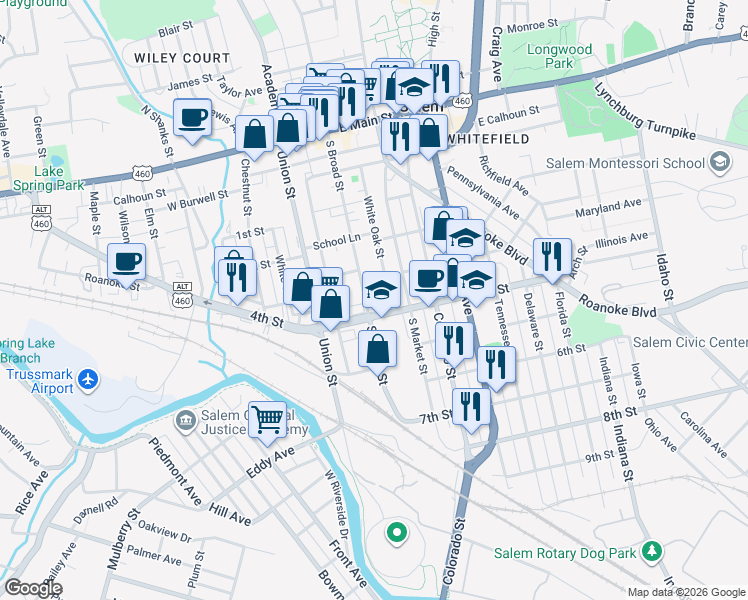 map of restaurants, bars, coffee shops, grocery stores, and more near 16 White Oak Street in Salem