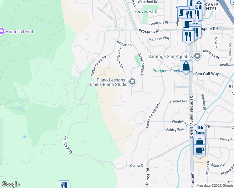 map of restaurants, bars, coffee shops, grocery stores, and more near 12359 Farr Ranch Road in Saratoga