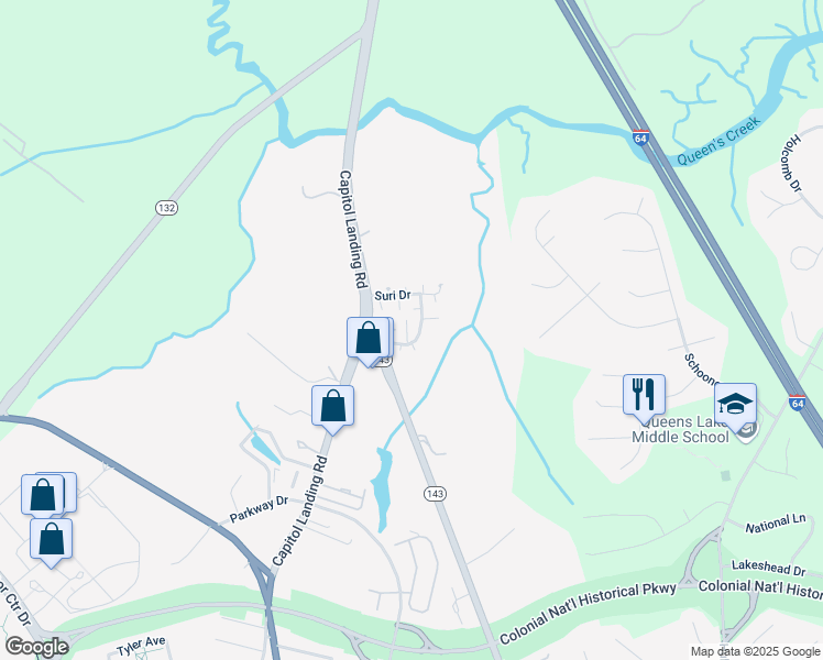 map of restaurants, bars, coffee shops, grocery stores, and more near 404 Shaindel Drive in Williamsburg