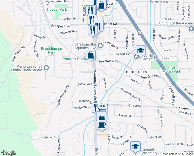 map of restaurants, bars, coffee shops, grocery stores, and more near 12477 Blue Meadow Court in Saratoga