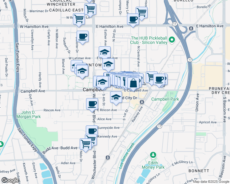 map of restaurants, bars, coffee shops, grocery stores, and more near 150 East Campbell Avenue in Campbell