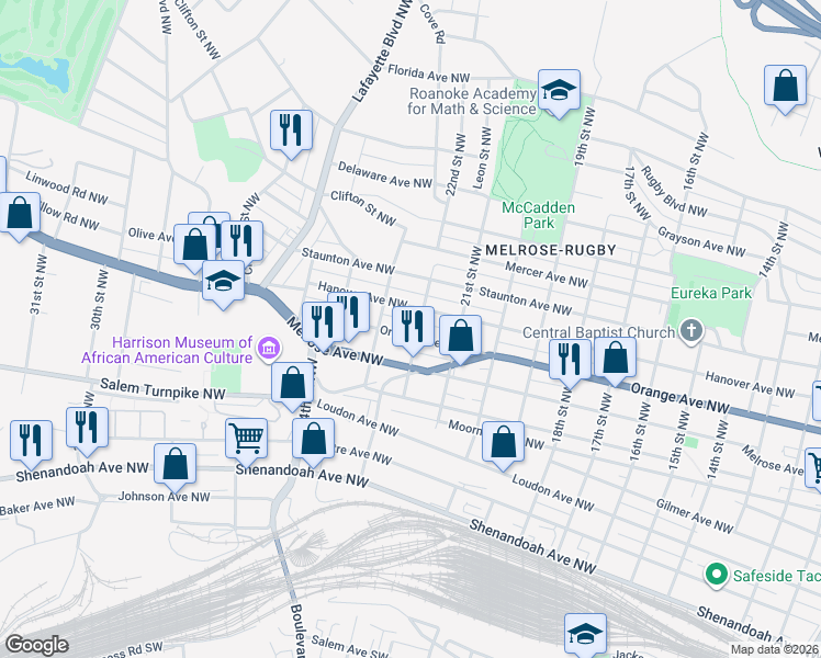 map of restaurants, bars, coffee shops, grocery stores, and more near 2203 Orange Avenue Northwest in Roanoke