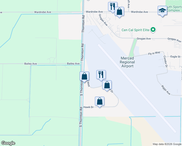 map of restaurants, bars, coffee shops, grocery stores, and more near 2 Heron Way in Merced