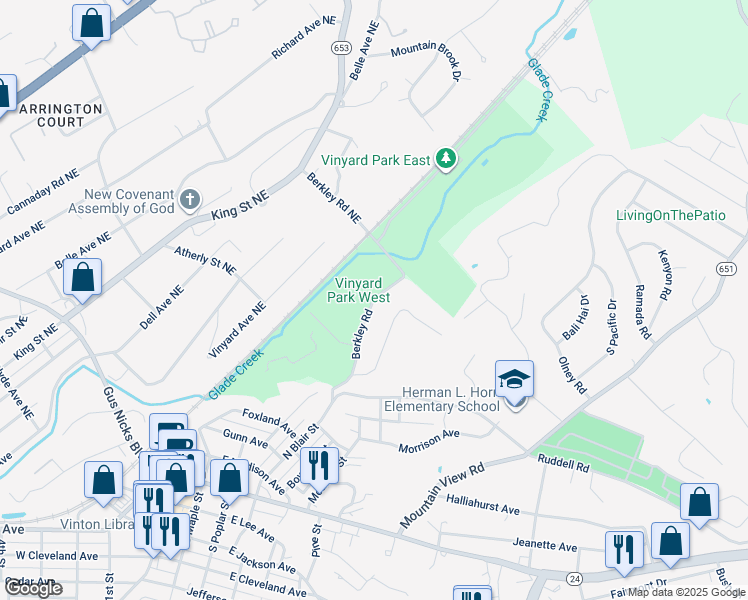 map of restaurants, bars, coffee shops, grocery stores, and more near Berkley Road Northeast in Vinton