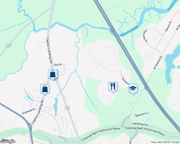 map of restaurants, bars, coffee shops, grocery stores, and more near 116 Merchant Man Court in Williamsburg