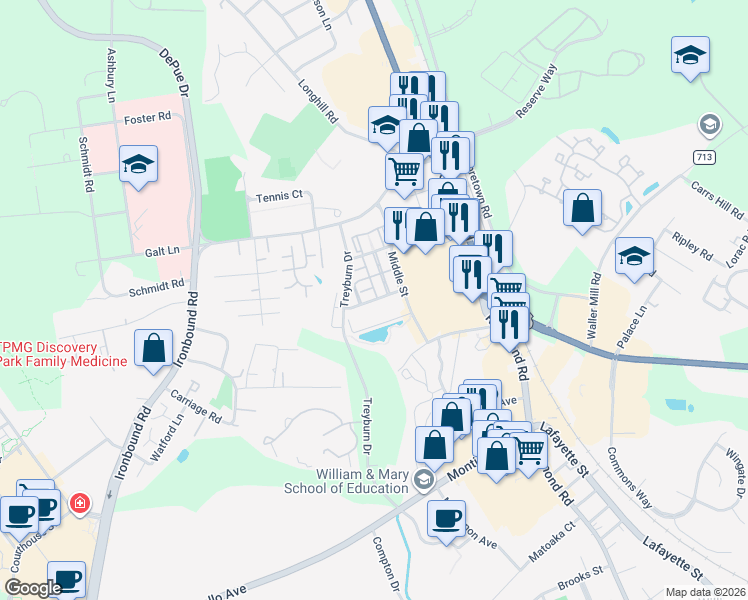 map of restaurants, bars, coffee shops, grocery stores, and more near 155 Kings Manor Drive in Williamsburg