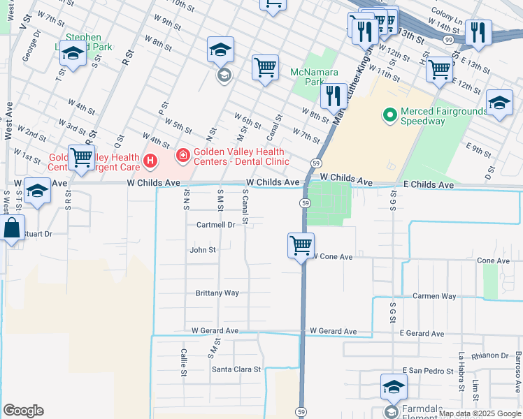 map of restaurants, bars, coffee shops, grocery stores, and more near 112 South Canal Street in Merced