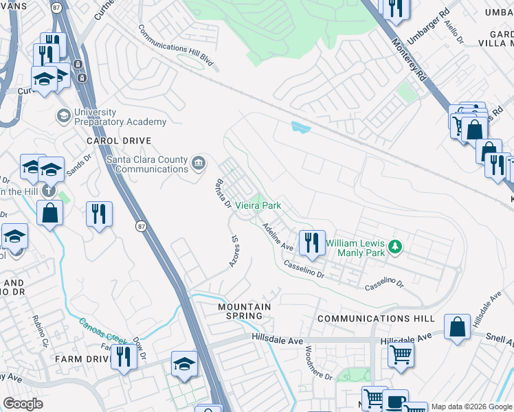 map of restaurants, bars, coffee shops, grocery stores, and more near 2988 Grassina Street in San Jose