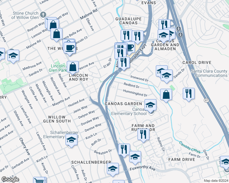 map of restaurants, bars, coffee shops, grocery stores, and more near 946 Hummingbird Drive in San Jose