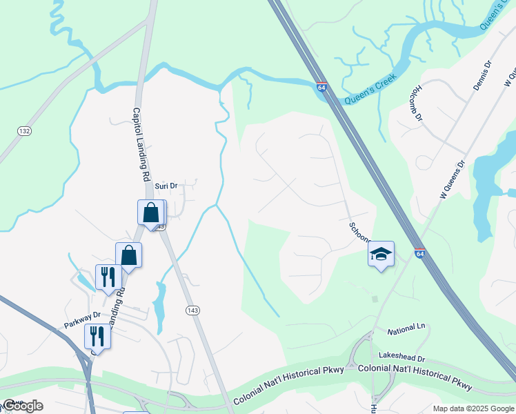 map of restaurants, bars, coffee shops, grocery stores, and more near 116 Merchant Man Court in Williamsburg