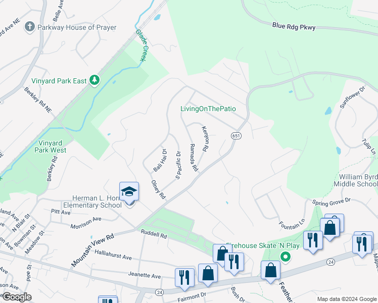 map of restaurants, bars, coffee shops, grocery stores, and more near 748 Ramada Road in Vinton