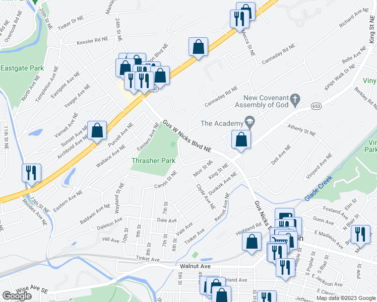 map of restaurants, bars, coffee shops, grocery stores, and more near 801-899 Old Vinton Mill Rd NE in Roanoke
