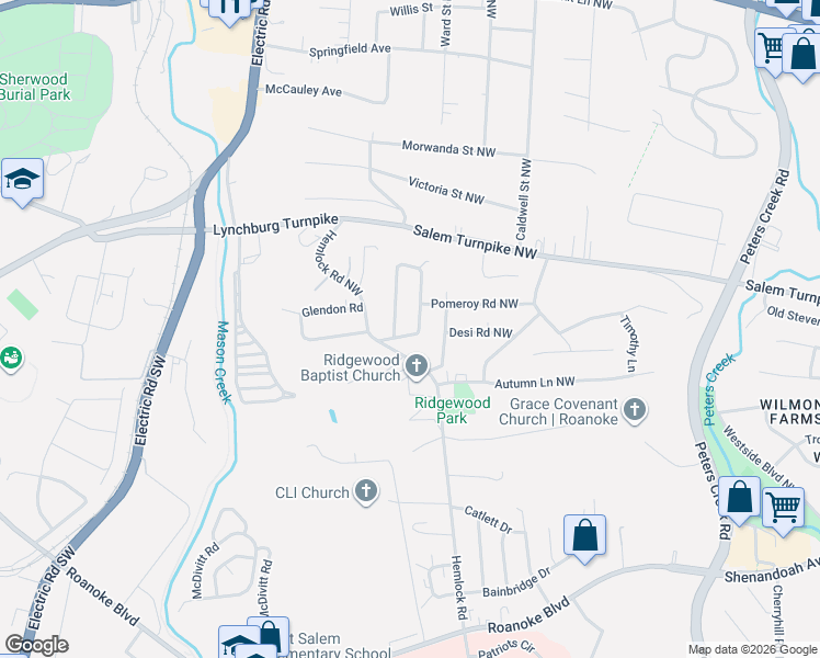 map of restaurants, bars, coffee shops, grocery stores, and more near 306 Koogler Drive Northwest in Roanoke