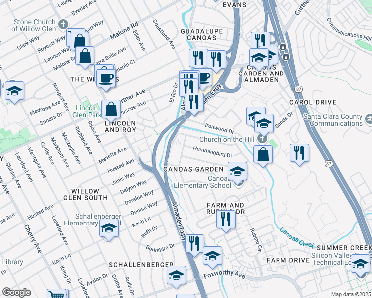map of restaurants, bars, coffee shops, grocery stores, and more near 946 Hummingbird Drive in San Jose