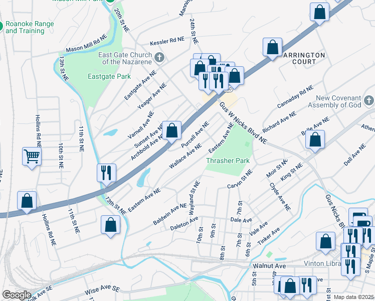 map of restaurants, bars, coffee shops, grocery stores, and more near 1732 Wallace Avenue Northeast in Roanoke