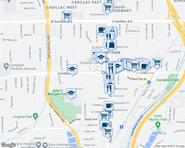 map of restaurants, bars, coffee shops, grocery stores, and more near 182 West Campbell Avenue in Campbell