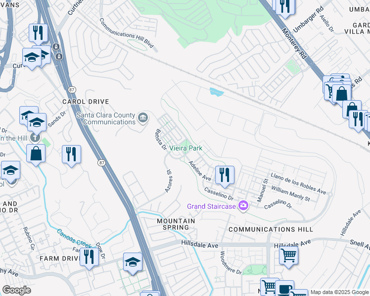 map of restaurants, bars, coffee shops, grocery stores, and more near 2988 Grassina Street in San Jose