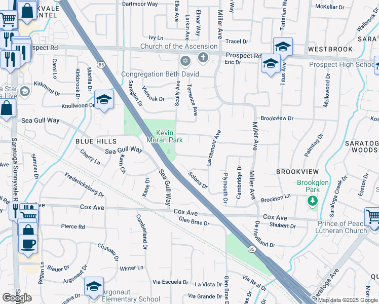 map of restaurants, bars, coffee shops, grocery stores, and more near 12526 Scully Avenue in Saratoga