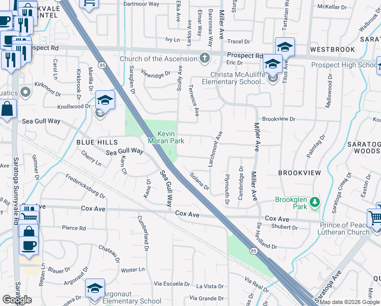 map of restaurants, bars, coffee shops, grocery stores, and more near 12526 Scully Avenue in Saratoga