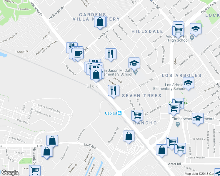 map of restaurants, bars, coffee shops, grocery stores, and more near 364 Kenbrook Circle in San Jose
