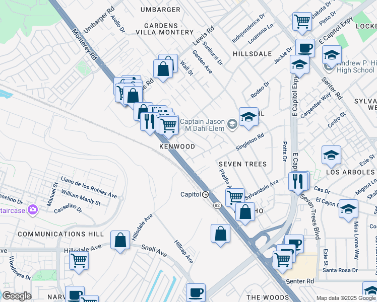 map of restaurants, bars, coffee shops, grocery stores, and more near 364 Kenbrook Circle in San Jose