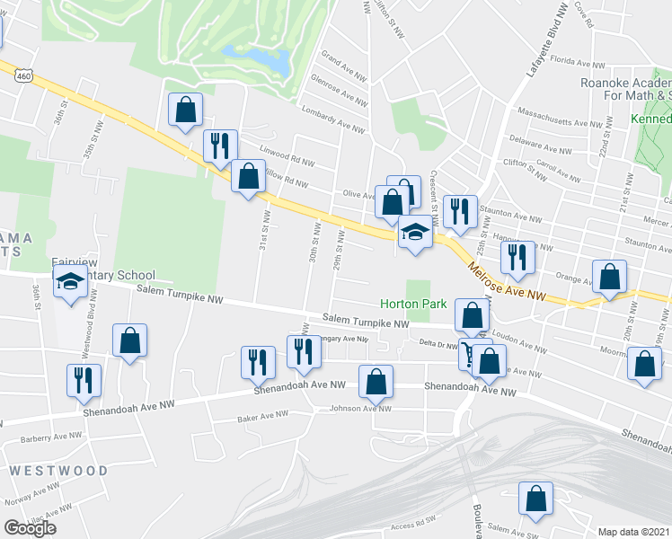 map of restaurants, bars, coffee shops, grocery stores, and more near 701 29th Street Northwest in Roanoke