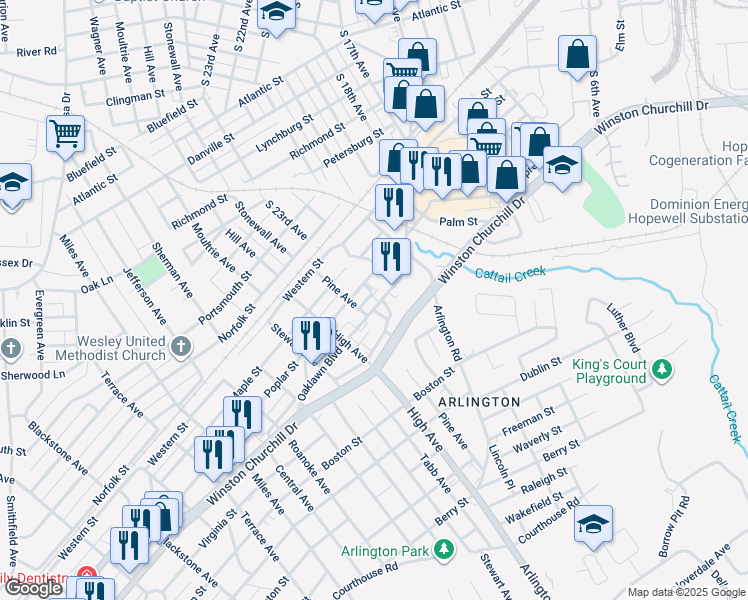 map of restaurants, bars, coffee shops, grocery stores, and more near 2403 Oaklawn Boulevard in Hopewell