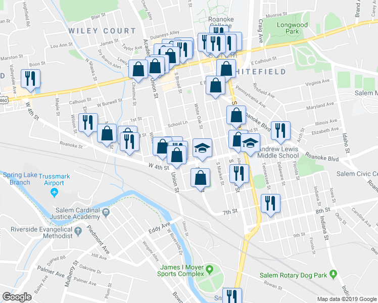 map of restaurants, bars, coffee shops, grocery stores, and more near 515 South Broad Street in Salem