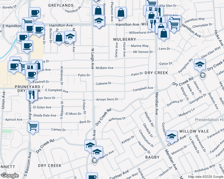 map of restaurants, bars, coffee shops, grocery stores, and more near 1881 Campbell Avenue in San Jose