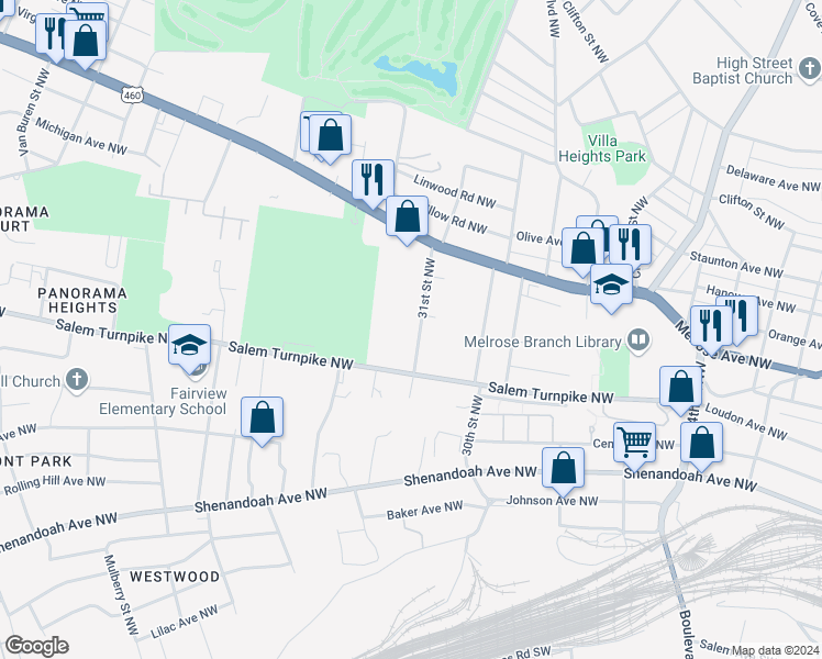 map of restaurants, bars, coffee shops, grocery stores, and more near 740 31st Street Northwest in Roanoke