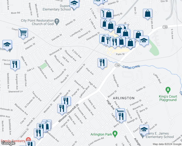 map of restaurants, bars, coffee shops, grocery stores, and more near 2509 Poplar Street in Hopewell