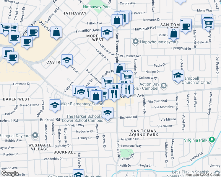 map of restaurants, bars, coffee shops, grocery stores, and more near 69 San Tomas Aquino Road in Campbell