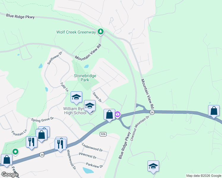 map of restaurants, bars, coffee shops, grocery stores, and more near 320 Stoneacres Dr in Vinton