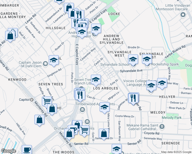 map of restaurants, bars, coffee shops, grocery stores, and more near 490 Papaya Court in San Jose