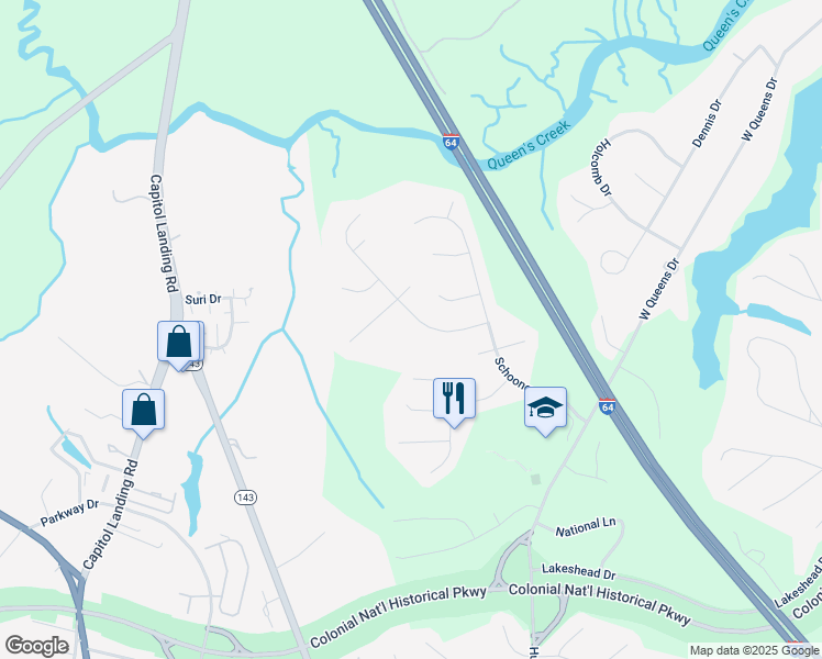 map of restaurants, bars, coffee shops, grocery stores, and more near 123 Corvette Drive in Williamsburg