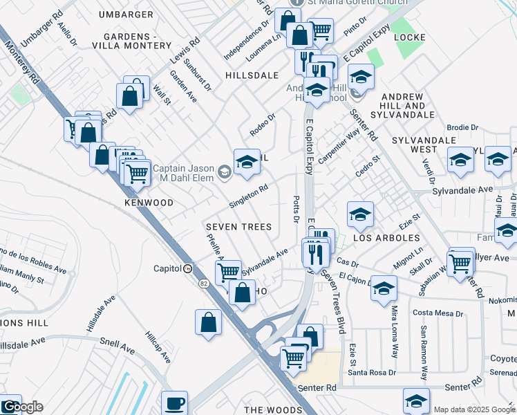 map of restaurants, bars, coffee shops, grocery stores, and more near 13000 Wool Avenue in San Jose