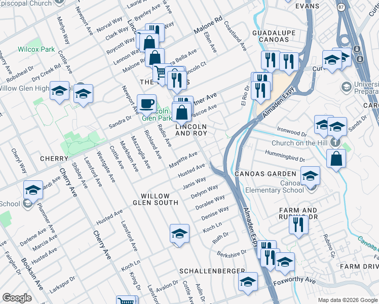 map of restaurants, bars, coffee shops, grocery stores, and more near 1131 Mayette Ave in San Jose