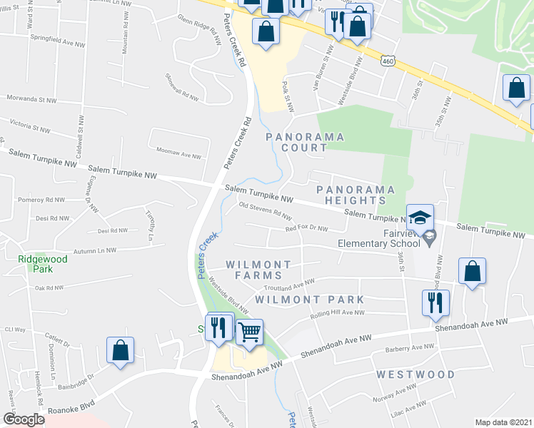 map of restaurants, bars, coffee shops, grocery stores, and more near 3844 Old Stevens Road Northwest in Roanoke