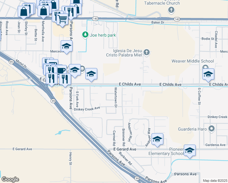 map of restaurants, bars, coffee shops, grocery stores, and more near 2277 Concord Square in Merced
