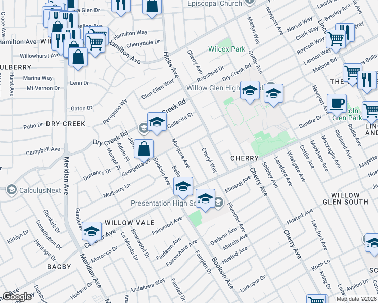 map of restaurants, bars, coffee shops, grocery stores, and more near 1570 Georgetta Drive in San Jose