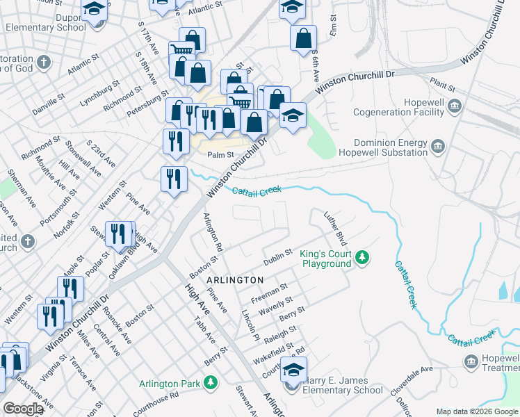 map of restaurants, bars, coffee shops, grocery stores, and more near 1105 Maryville Avenue in Hopewell