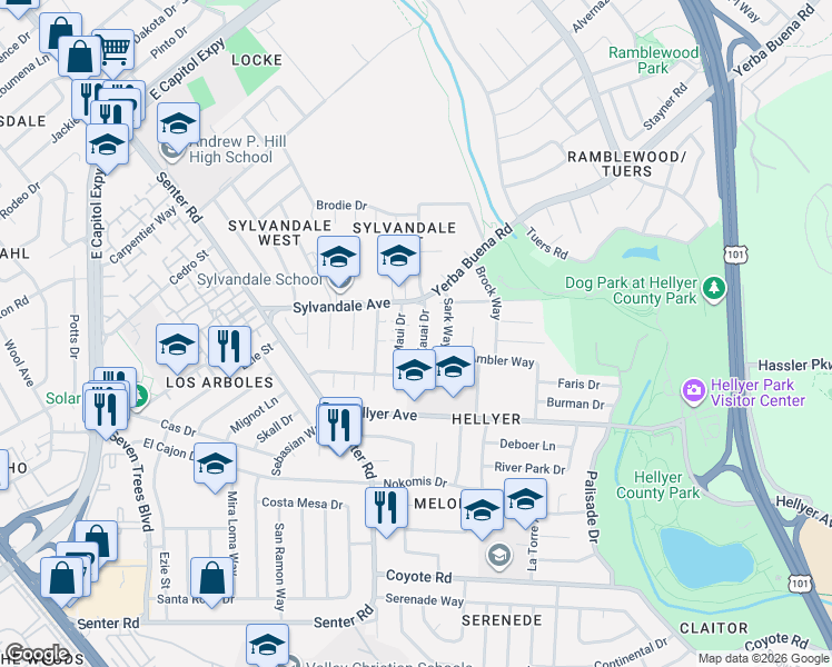 map of restaurants, bars, coffee shops, grocery stores, and more near 3843 Maui Drive in San Jose