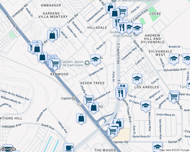 map of restaurants, bars, coffee shops, grocery stores, and more near 13000 Wool Avenue in San Jose
